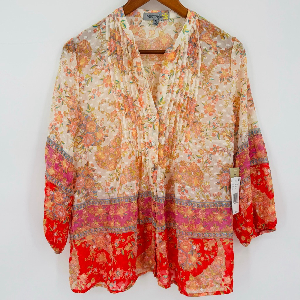 NWT Figueroa & Flower Floral Pintuck Blouse M Pink Paisley